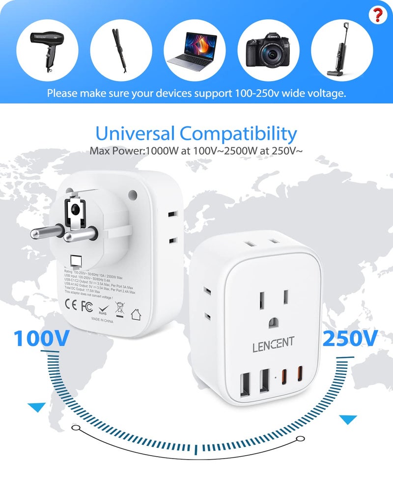 LENCENT Germany France Travel Power Adapter, Schuko Type E F Power Plug Adaptor with 4 USB Ports(2 Type C), 4 Outlet Converter, US to EU Spain French German Greece Norway Iceland South Korea Portugal - Image 5