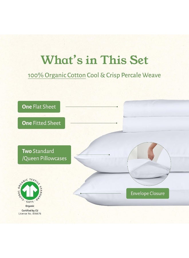 California Design Den California Design Den 100% Organic Cotton Sheets, GOTS Certified - Percale, Soft Cooling, Deep Pockets - 4 Piece Queen Bed Sheet Set, White - Image 3