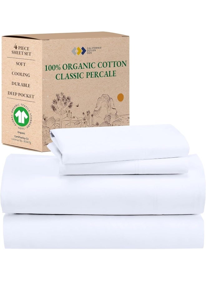 California Design Den California Design Den 100% Organic Cotton Sheets, GOTS Certified - Percale, Soft Cooling, Deep Pockets - 4 Piece Queen Bed Sheet Set, White - Image 1
