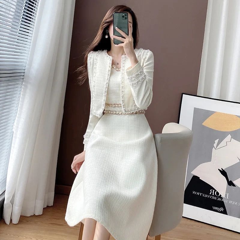 Fashionable Long Sleeve Jacket And Skirt Set with Strap Womens Ensemble Anti-Aging Design Pure Color Print Commute Style Jacket Skirt Two-Piece Set 