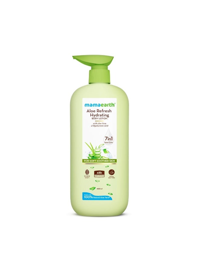 Mamaearth Aloe Refresh Hydrating Body Lotion with Aloe Vera & HA for Soft Soothed Skin 400ml | 48H Moisturization in Summer| 100% Natural Aloe Vera| Lightweight, Non-Sticky Smooth Skin| All Skin Types