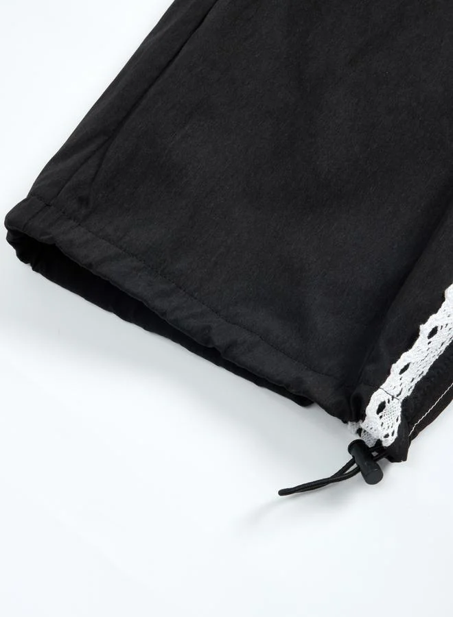 Take Two Black Drawstring Waist Contrast Piping Wide Leg Pants