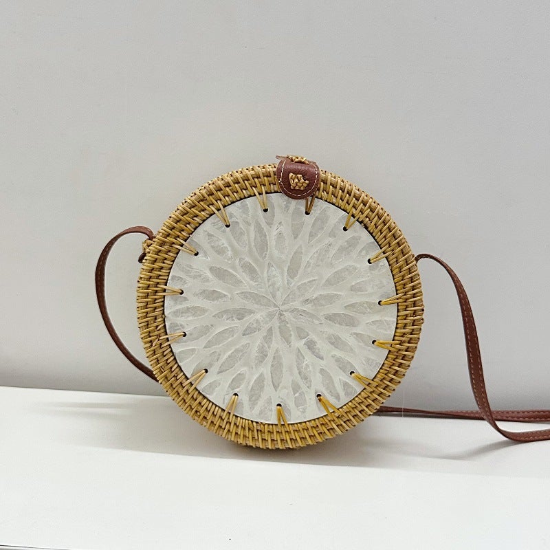 Vietnamese Handwoven Round Straw Seashell Bag - Colorful Patchwork Crossbody for Women, Beach Tote