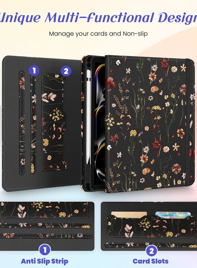 Kidcube for iPad Pro 11 Inch Case M4 2024 5th Generation - Women Girls Cute Rotating Stand Folio Cover with Pencil Holder & Card Slot Girly Flowers Floral Design for iPad Pro 11'' Case 2024 M4 5th Gen - Image 3