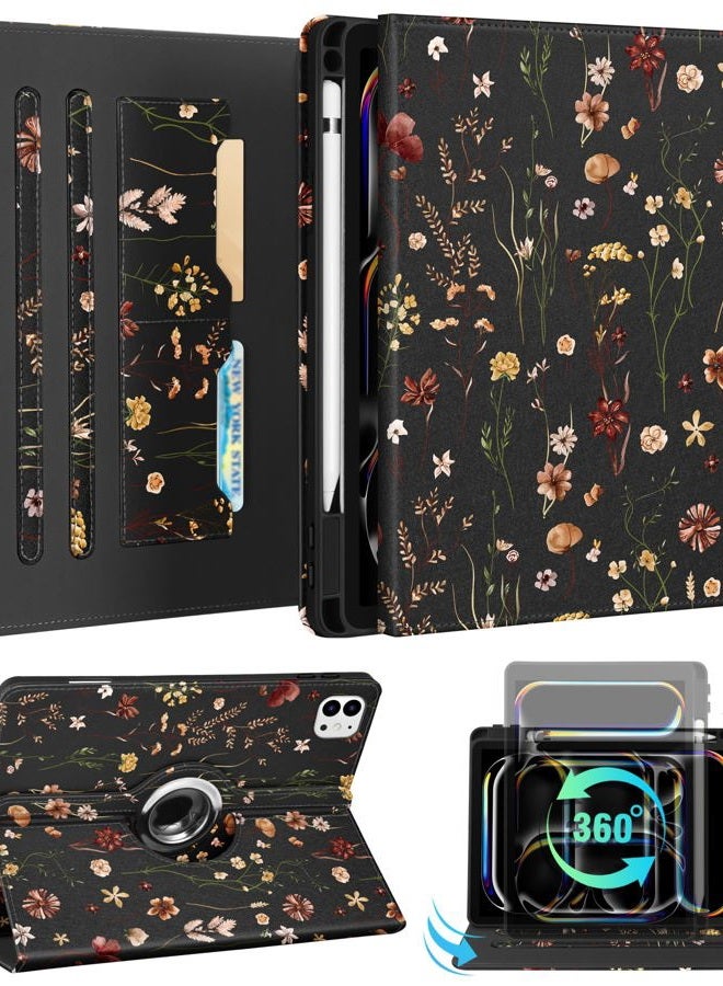 Kidcube for iPad Pro 11 Inch Case M4 2024 5th Generation - Women Girls Cute Rotating Stand Folio Cover with Pencil Holder & Card Slot Girly Flowers Floral Design for iPad Pro 11'' Case 2024 M4 5th Gen - Image 1