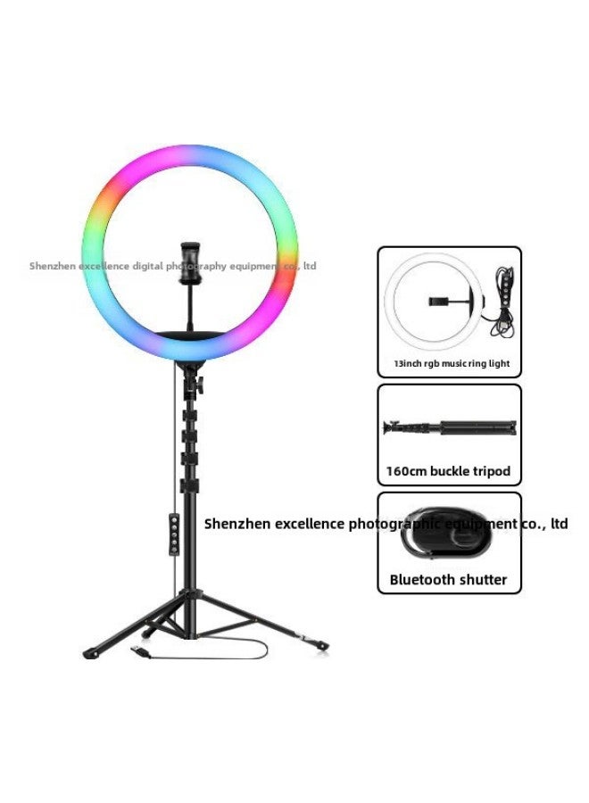 10-inch Rgb Live Fill Light 12-inch Photography Beauty Mobile Phone Photo Live Bracket Led Ring Light-Colour:13inch (rgb Colorful Lights) + 1.6m Upgraded Version Bracket + Bluetooth Remote Control