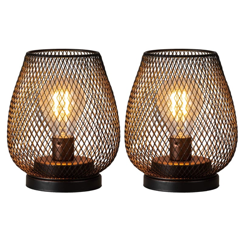 DECORKEY Set of 2 Battery Operated Lamp LED Table Lantern Brown Metal Cage Cordless Lamps with LED BulbVintage Decorative Outdoor Lantern for Weddings Parties Patio Events for Indoors Shelf Decor