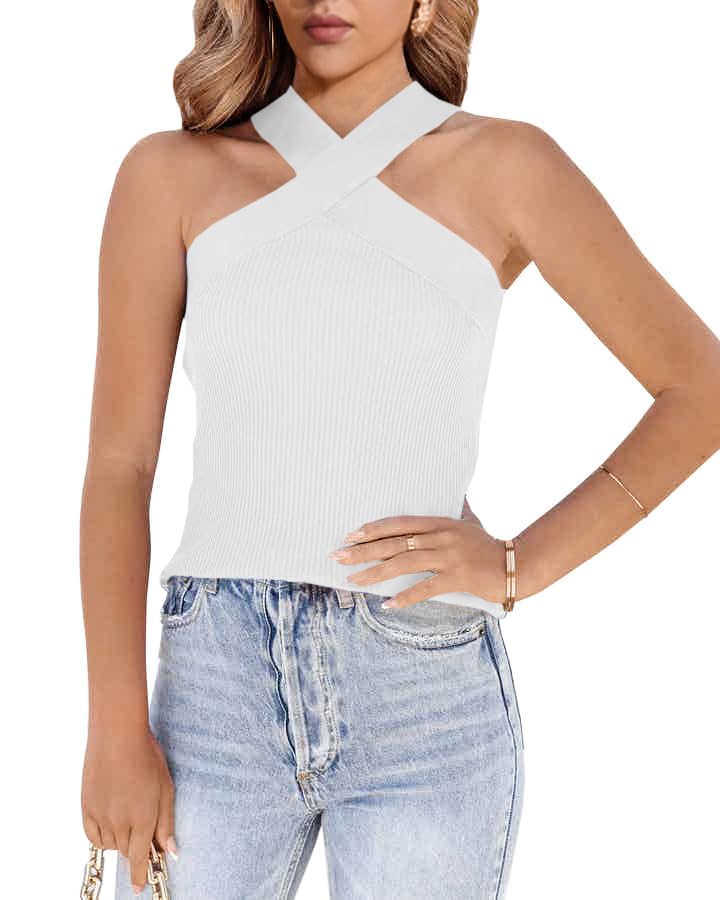 Ebifin Womens Criss Cross Halter Sweater Vest Tops Summer Sleeveless Pullover Casual Lightweight V Neck Knit Tank Top White - Image 1