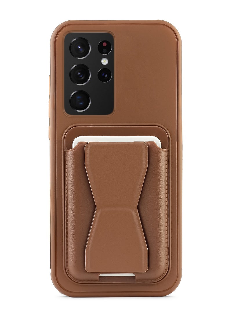 Leather back cover with card wallet Foldable Shockpoof Case compatible with Samsung Galaxy S21 Ultra ( Brown) 