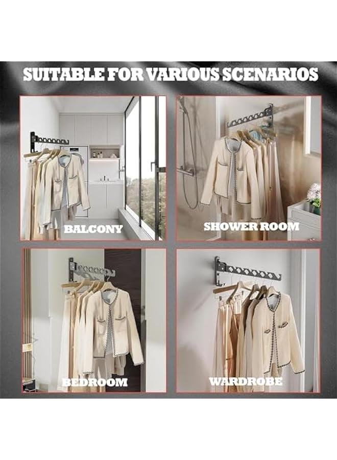 HOOKOR Wall Mount Coat Hanger Holder Black Clothes Drying Organizer Rack Garment Hooks Aluminium Retractable Folding Indoor Wall Mounted Hanger Space Saver for Laundry Room Bedroom Black 2Pack - Image 3
