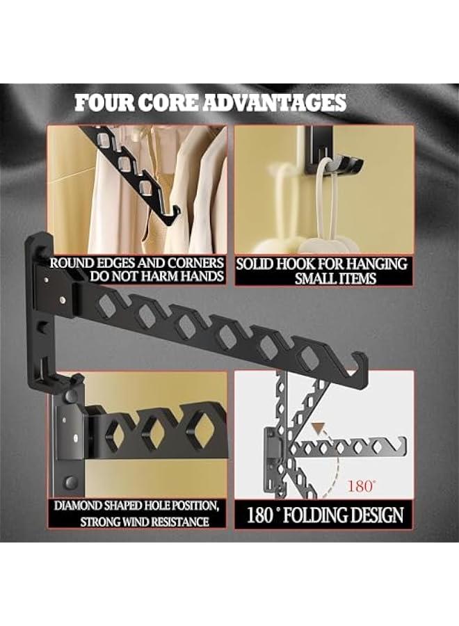 HOOKOR Wall Mount Coat Hanger Holder Black Clothes Drying Organizer Rack Garment Hooks Aluminium Retractable Folding Indoor Wall Mounted Hanger Space Saver for Laundry Room Bedroom Black 2Pack - Image 5
