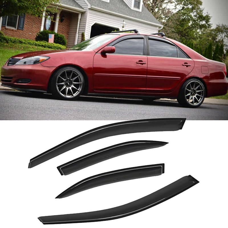 Puermto 94236 Side Window Wind Vent Deflectors4pcs Outside Mount TapeOn Dark Smoke Nice Sun Rain Guards SetWindow Visor fit for 20022006 Toyota Camry