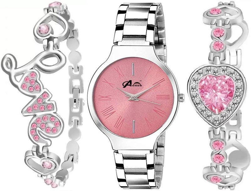 Acnos Stainless Steel Premium Pink Dial Diamond Silver Analog Watch Love Heart Chip Diamond Bracelet For Girl Best Design Butterfly Combo 3 Pack Of 3, Silver Band - Image 1
