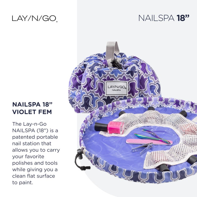 Lay-n-Go حقيبة مستحضرات التجميل لليدين Lay-n-Go NailSpa مع سحاب - حقيبة تنظيم مستلزمات الأظافر المحمولة مع 8 جيوب شبكية مرنة ومركز دائري - منظم مجموعة الأظافر المتين والقابل للغسل في الغسالة (18 بوصة، زهور بنفسجية [أرجواني]) - Image 2