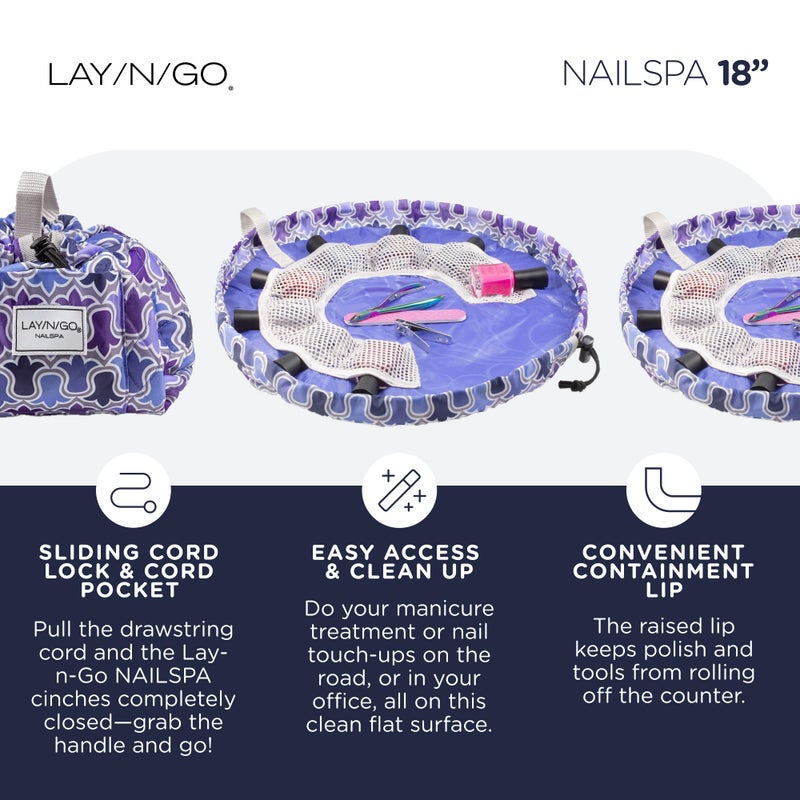 Lay-n-Go حقيبة مستحضرات التجميل لليدين Lay-n-Go NailSpa مع سحاب - حقيبة تنظيم مستلزمات الأظافر المحمولة مع 8 جيوب شبكية مرنة ومركز دائري - منظم مجموعة الأظافر المتين والقابل للغسل في الغسالة (18 بوصة، زهور بنفسجية [أرجواني]) - Image 3