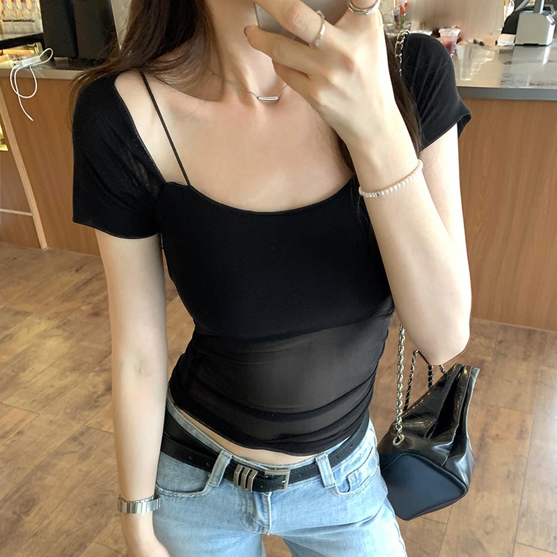 Real Pograph Design Sweet Spicy Mesh With Chest Pad Short-Sleeved T-Shirt Women'S Pure Desire For Niche - Image 4