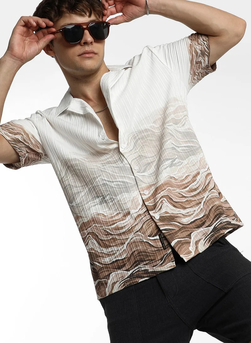 Campus Sutra Campus Sutra Men's Ivory White & Tan Brown Desert Ombre Shirt For Casual Wear | Cuban Collar | Short Sleeve | Button Closure | Shirt Crafted With Comfort Fit For Everyday Wear