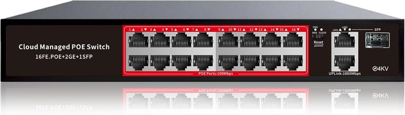 STEAMEMO PoE Switch, 16 Port Managed POE+ Ethernet Switch(16 POE+ Ports+2 Gigabit Uplink,1 x 1.25G SFP), 240W Built-in Power, Support VLAN, QoS, Fanless Metal, Plug & Play(Wall Mount/Rack Mount) - Image 1