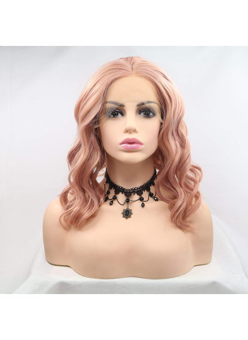 Xiweiya xiweiya Rose Gold Pink Lace Front Wigs Short Curly Synthetic Wigs Heat Resistant Cosplay Hair Halloween Party Wigs Drag Wig Soft Replacement Full Wigs 14 Inches 