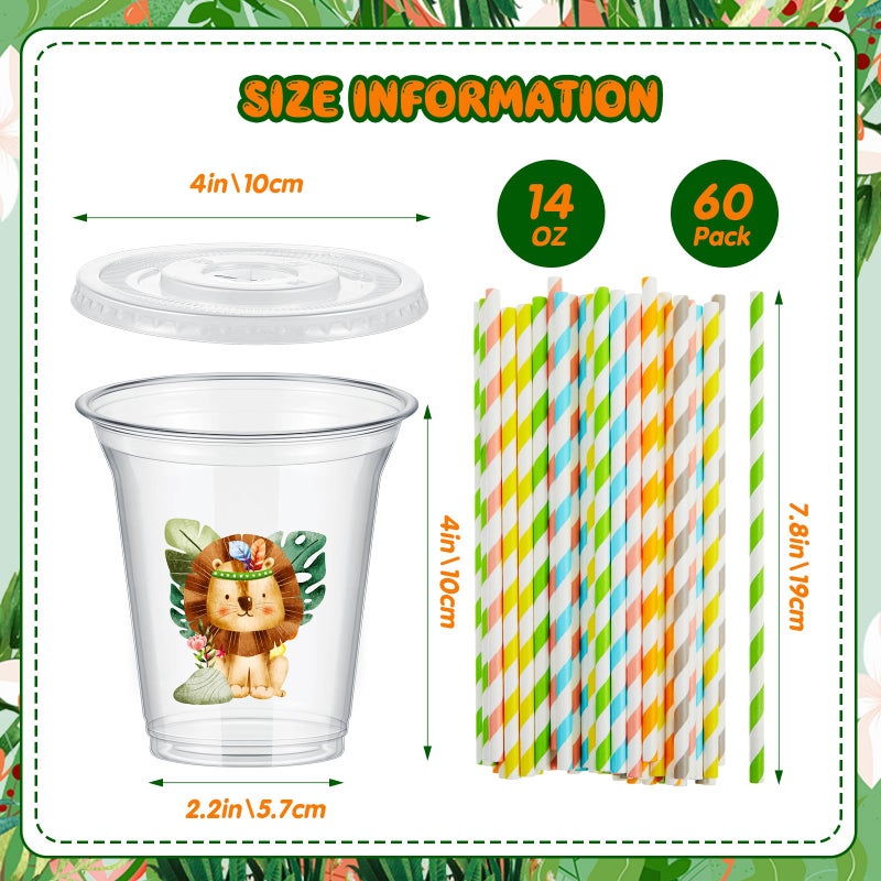 FoldTier FoldTier 60 Set Plastic Cups Jungle Safari Animal Themed 14 oz Disposable Clear Cups with Lids and Paper Straws for Jungle Wild Animals Themed Party Favor Supplies Decorations  - Image 2