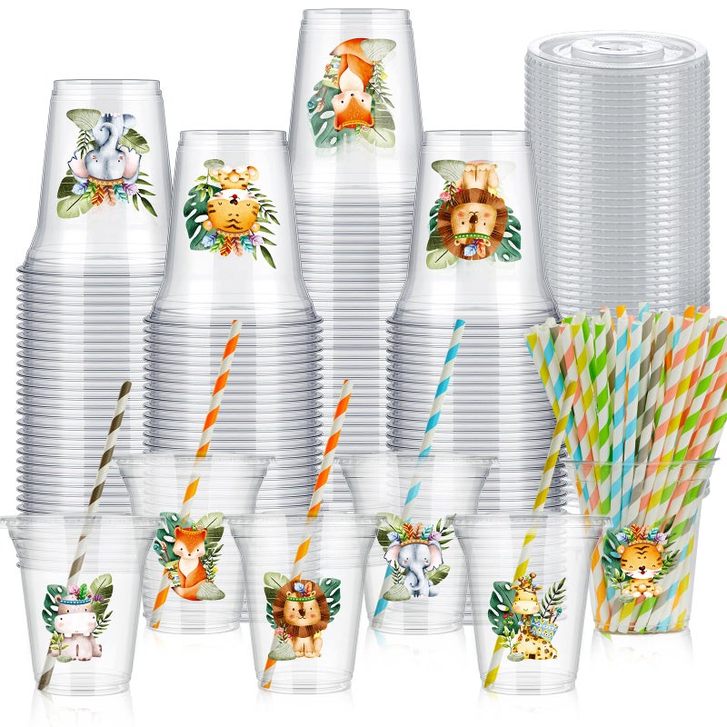 FoldTier FoldTier 60 Set Plastic Cups Jungle Safari Animal Themed 14 oz Disposable Clear Cups with Lids and Paper Straws for Jungle Wild Animals Themed Party Favor Supplies Decorations  - Image 1