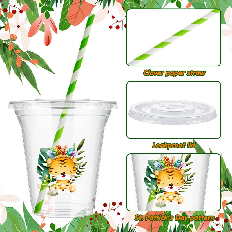 FoldTier FoldTier 60 Set Plastic Cups Jungle Safari Animal Themed 14 oz Disposable Clear Cups with Lids and Paper Straws for Jungle Wild Animals Themed Party Favor Supplies Decorations  - Image 3