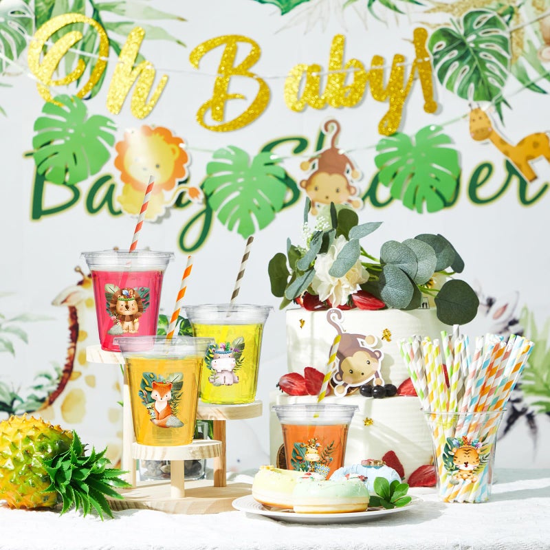 FoldTier FoldTier 60 Set Plastic Cups Jungle Safari Animal Themed 14 oz Disposable Clear Cups with Lids and Paper Straws for Jungle Wild Animals Themed Party Favor Supplies Decorations  - Image 5