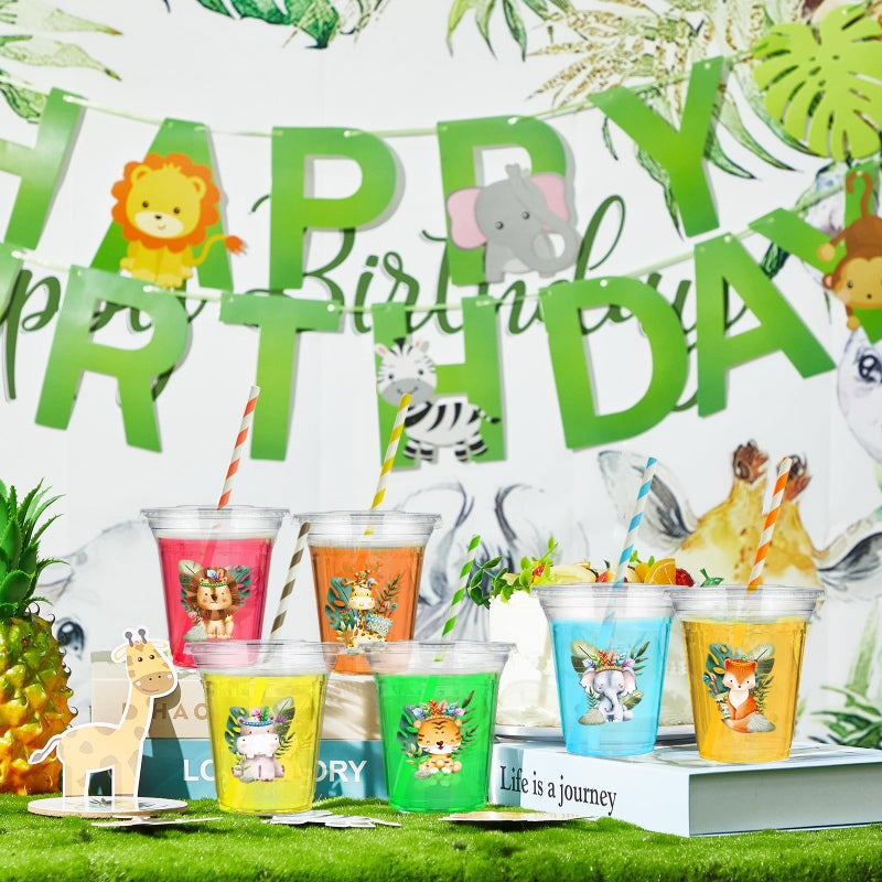 FoldTier FoldTier 60 Set Plastic Cups Jungle Safari Animal Themed 14 oz Disposable Clear Cups with Lids and Paper Straws for Jungle Wild Animals Themed Party Favor Supplies Decorations  - Image 4