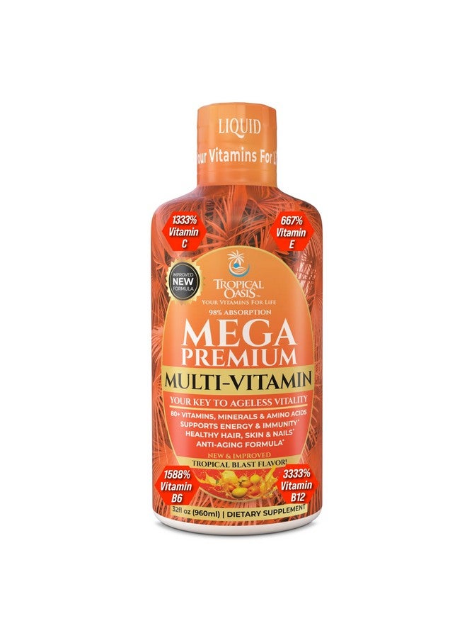 Tropical Oasis Mega Premium Liquid Multivitamin | Natural Immune Support Vitamin w/ 1333% Vitamin C, 200% D3, Zinc + 20 Vitamins, 70 Minerals, & 21 Amino Acids | Sugar Free | Orange Flavor | 98% Absorption | 32 Serv - Image 1