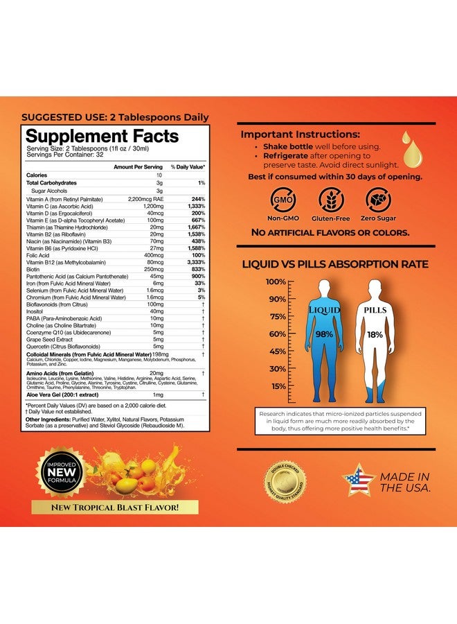 Tropical Oasis Mega Premium Liquid Multivitamin | Natural Immune Support Vitamin w/ 1333% Vitamin C, 200% D3, Zinc + 20 Vitamins, 70 Minerals, & 21 Amino Acids | Sugar Free | Orange Flavor | 98% Absorption | 32 Serv - Image 2