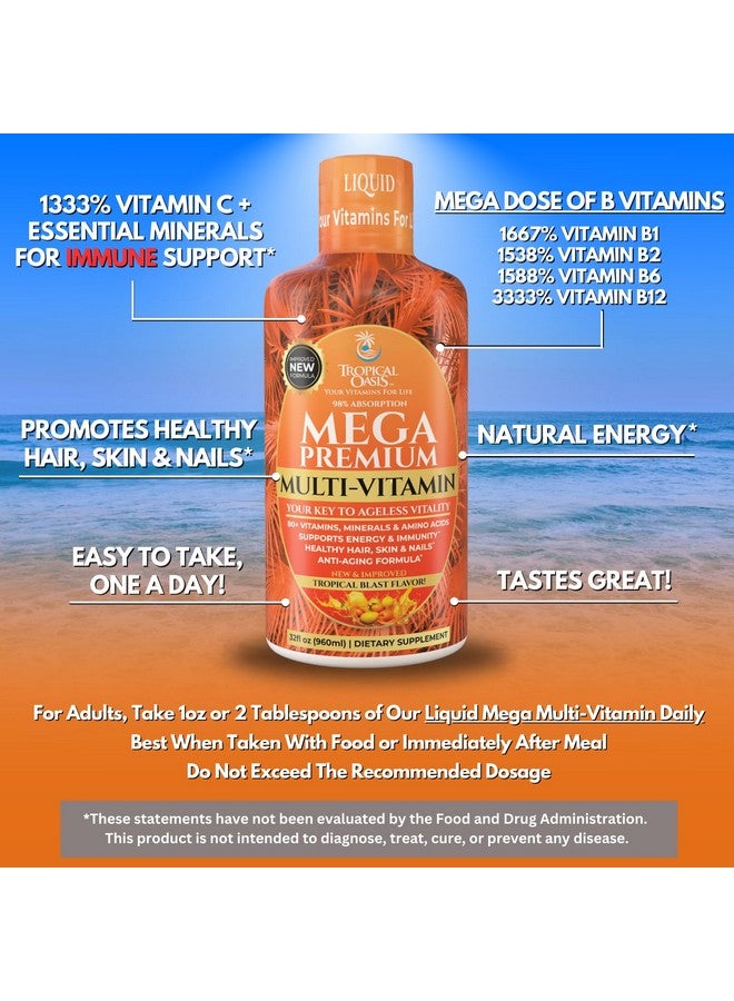 Tropical Oasis Mega Premium Liquid Multivitamin | Natural Immune Support Vitamin w/ 1333% Vitamin C, 200% D3, Zinc + 20 Vitamins, 70 Minerals, & 21 Amino Acids | Sugar Free | Orange Flavor | 98% Absorption | 32 Serv - Image 4