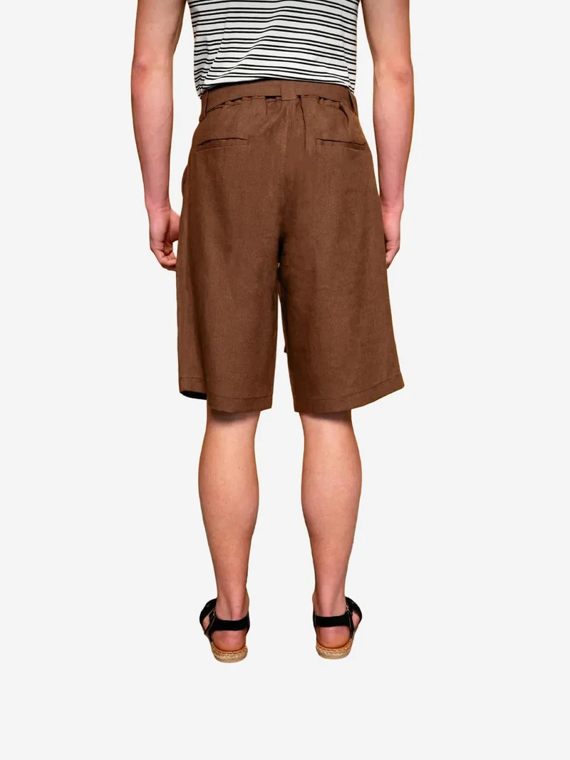 Giesto Beaver Brown GIESTO High Waist Linen Blend Belted Shorts for Men | Best Price UAE