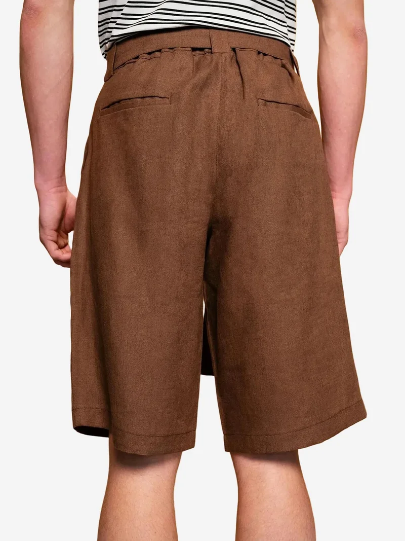 Giesto Beaver Brown GIESTO High Waist Linen Blend Belted Shorts for Men | Best Price UAE