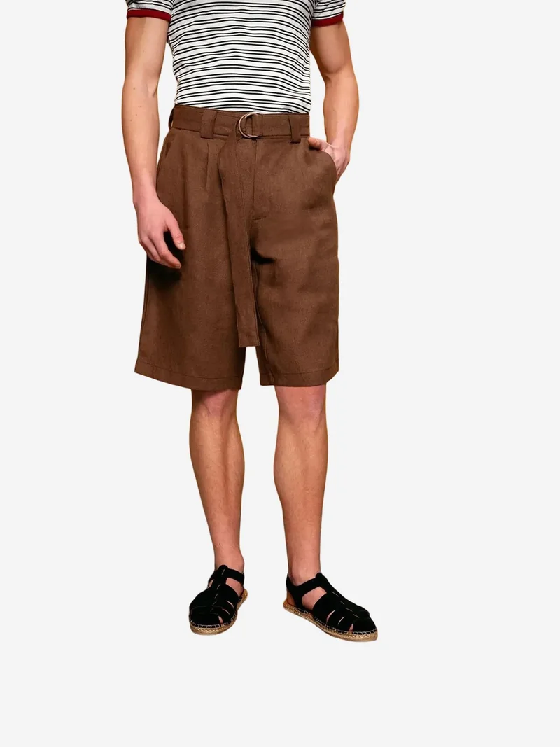 جيستو GIESTO High Waist Linen Blend Belted Shorts