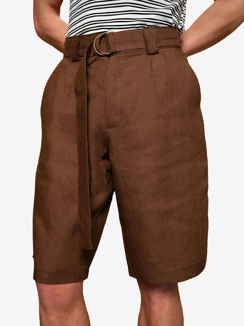 جيستو GIESTO High Waist Linen Blend Belted Shorts