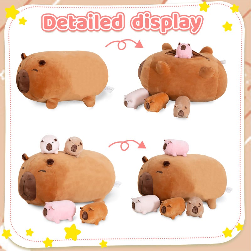 MMguai Capybara Plush Cute Capybara Stuffed Animals with 4 Baby Plushies in Her Tummy, Soft Capibaras Peluches Pillow Gift for Kids Boy Girl, Brithday Christmas Decor - Image 3