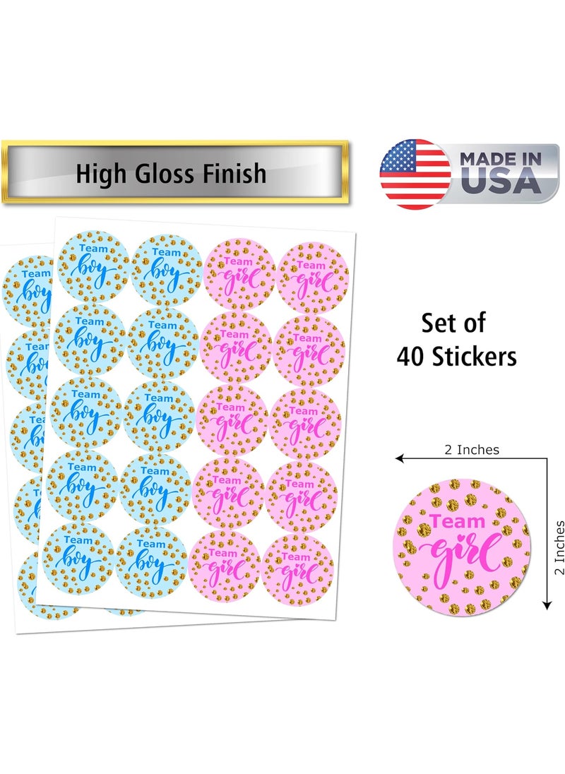 RokAPary 40 Team Girl Team Boy Golden Background Gender Reveal Stickers 2 Inch Big Round Glossy Labels Pink and Blue Decals Great for Baby Shower Party Favors Tags Games and Supplies Made in USA  - Image 2