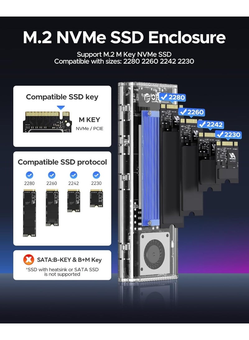 ORICO 40Gbps M.2 NVMe SSD Enclosure with Built-in Cooling Fan, Upgraded Transparent External Hard Drive Enclosure, Support 2230 2242 2260 2280(only M Key), Compatible with USB4/3.2/3.1/3.0/2.0-BL - Image 2