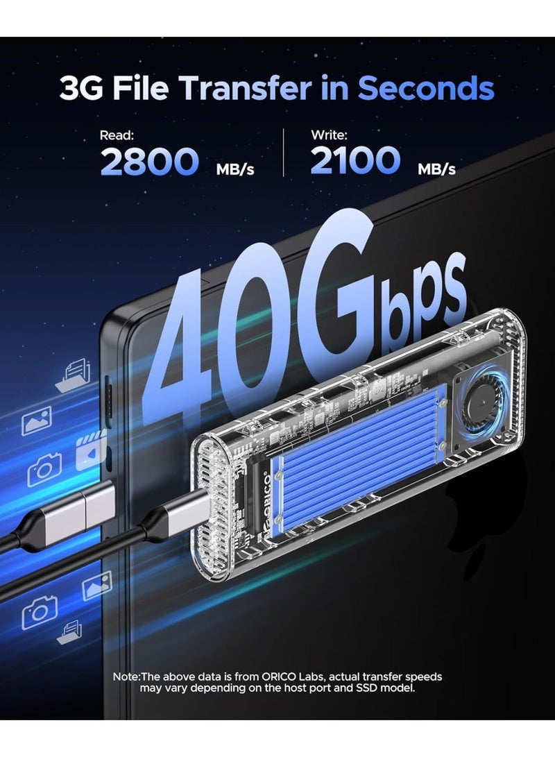 ORICO 40Gbps M.2 NVMe SSD Enclosure with Built-in Cooling Fan, Upgraded Transparent External Hard Drive Enclosure, Support 2230 2242 2260 2280(only M Key), Compatible with USB4/3.2/3.1/3.0/2.0-BL - Image 4