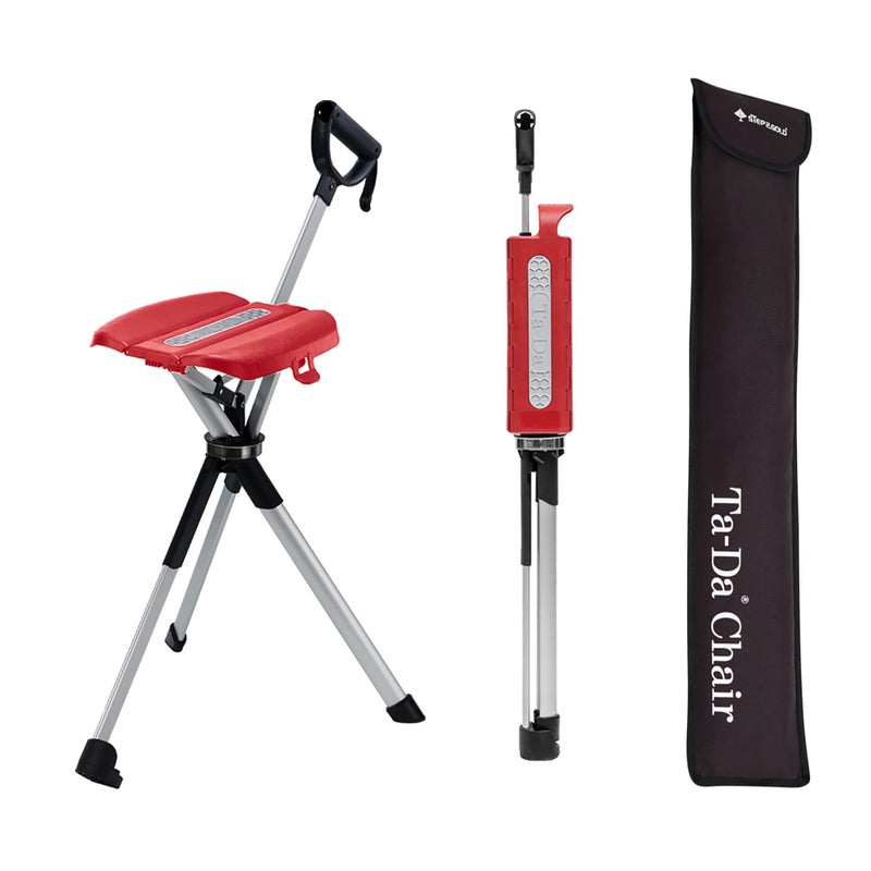 STEP2GOLD Ta-Da Chair Series 2- Portable Walking Stick, Cane with Seat, Foldable Chair, Hiking Stick, for Camping, Hiking, Lightweight Aluminum, Easy Carry, Anti-Slip (34.2"/Red) - Image 1