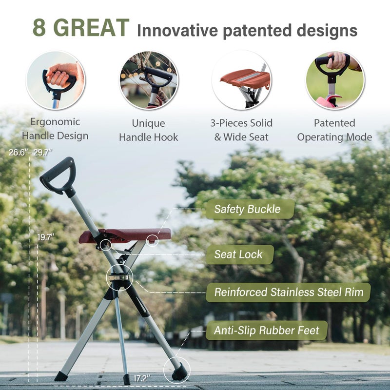 STEP2GOLD Ta-Da Chair Series 2- Portable Walking Stick, Cane with Seat, Foldable Chair, Hiking Stick, for Camping, Hiking, Lightweight Aluminum, Easy Carry, Anti-Slip (34.2"/Red) - Image 4
