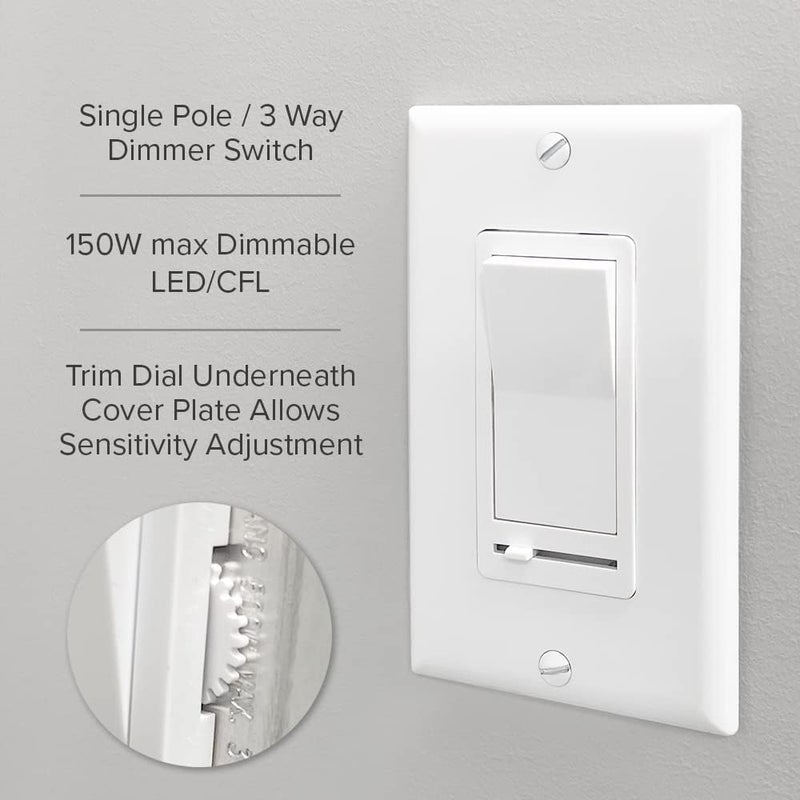 Maxxima LED Dimmer Electrical Light Switch - 3-Way/Single Pole Use, 600 Watt Max, LED and Incandescent Compatible for Dimmable Home Lighting Needs, Wall Plate Cover Included - Almond - Image 2