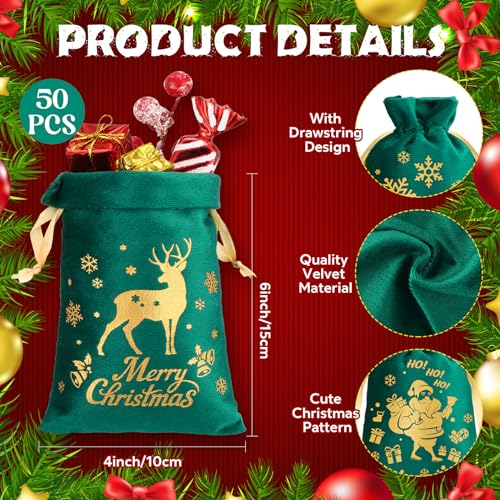 Wesnoy 50 Pcs Christmas Velvet Drawstring Bags Bulk Santa Gift Bags for Candy Wrapping Goodie with Ribbon Drawstring for Xmas Holiday Party Supplies 6 Styles4 x 6 InchGreen - Image 3