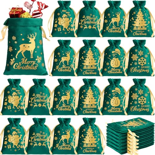 Wesnoy 50 Pcs Christmas Velvet Drawstring Bags Bulk Santa Gift Bags for Candy Wrapping Goodie with Ribbon Drawstring for Xmas Holiday Party Supplies 6 Styles4 x 6 InchGreen - Image 1