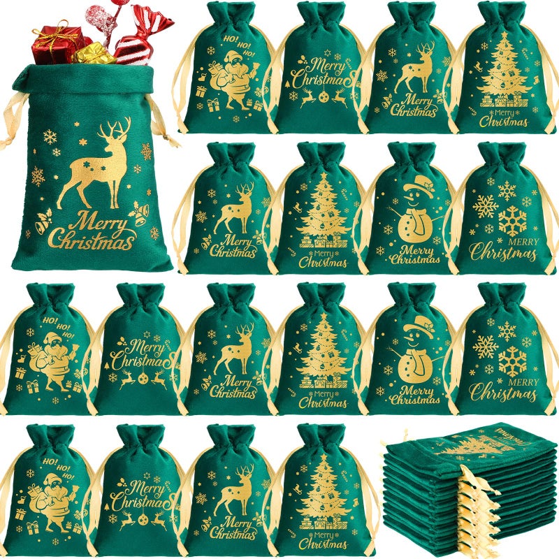 Wesnoy 50 Pcs Christmas Velvet Drawstring Bags Bulk Santa Gift Bags for Candy Wrapping Goodie with Ribbon Drawstring for Xmas Holiday Party Supplies 6 Styles4 x 6 InchGreen - Image 2