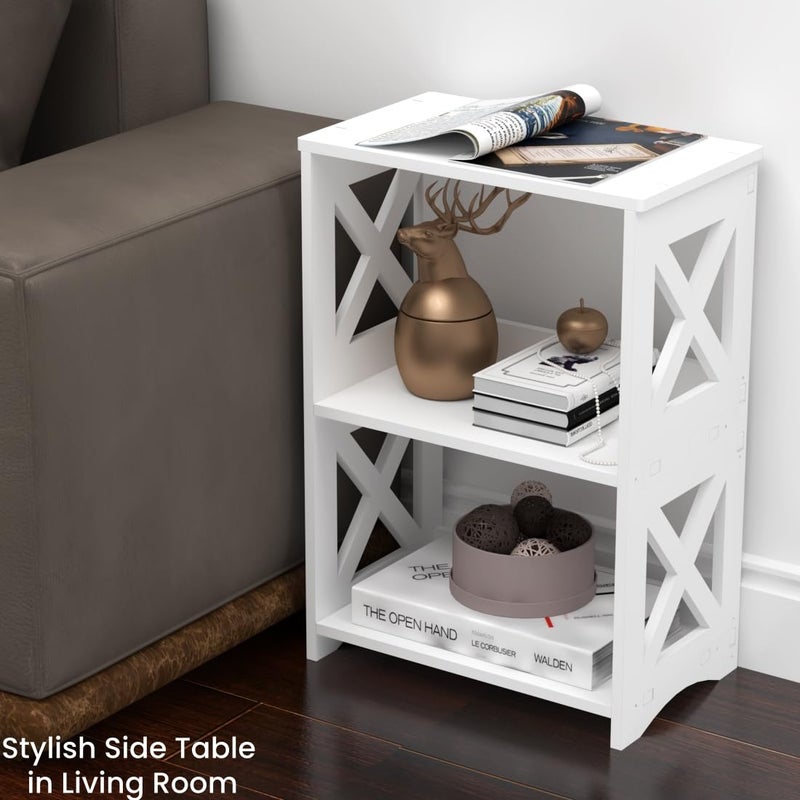 LUCKNOCK Narrow Side Table with Storage, 3-Tier Slim Nightstand for Small Spaces, White Modern End Table, Bedside Table, Bookshelf for Living Room, Bedroom, Bathroom and Office. - Image 3