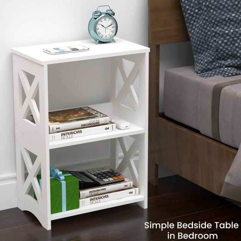 LUCKNOCK Narrow Side Table with Storage, 3-Tier Slim Nightstand for Small Spaces, White Modern End Table, Bedside Table, Bookshelf for Living Room, Bedroom, Bathroom and Office. - Image 4