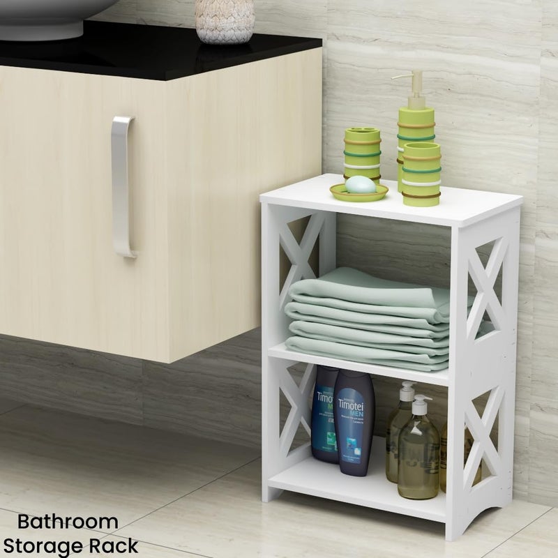 LUCKNOCK Narrow Side Table with Storage, 3-Tier Slim Nightstand for Small Spaces, White Modern End Table, Bedside Table, Bookshelf for Living Room, Bedroom, Bathroom and Office. - Image 5