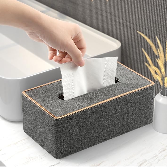 BLYPHOO Tissue Box Cover: Leather Tissue Box Holder for Car Office Home Hotel- Luxurious Napkin Dispenser, Large Durable Facial Dispenser Case for Bathroom, Bedroom, Living Room (Grey) - Image 3