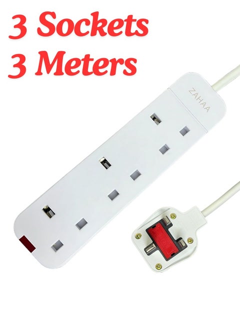 3m UK Extension Cord with 3 Power Socket, 3 Way Power Strip, Extension Lead 3 meter - White Electricity connection with 3 outlets, 3 meters long,